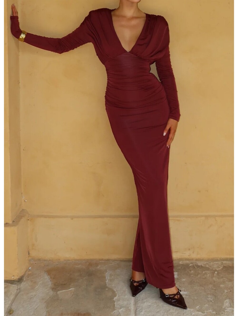 MESHKI burgundy Hayden long sleeve plunge maxi dress sz M